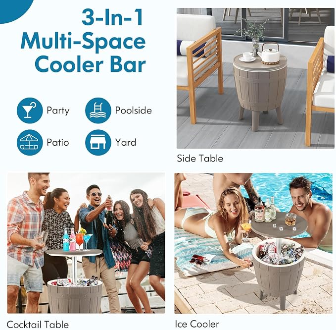 Tangkula 10 Gallon Cooler Bar Table, Outdoor Cooler Side Table w/Telescopic Tabletop, 3-in-1 Coffee Table Ice Bucket for Beer & Wine, All-Weather Cocktail Table for Backyard, Party, Poolside