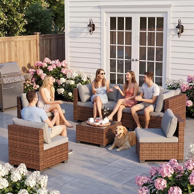 Ahomly 7-Piece Patio Furniture Set, Outdoor Sectional Couch with Water-Resistant Cushions & Coffee Table, PE Rattan Outdoor Patio Sofa Set for Backyard, Deck, Garden, or Porch, Grey