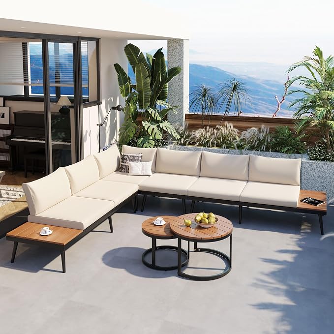 6-Piece Metal Outdoor Sectional Sofa Set with Round Nesting Coffee Tables, L-Shaped Patio Furniture Set Seating Sofa with Cushions for Patio, Porch and Garden, Beige