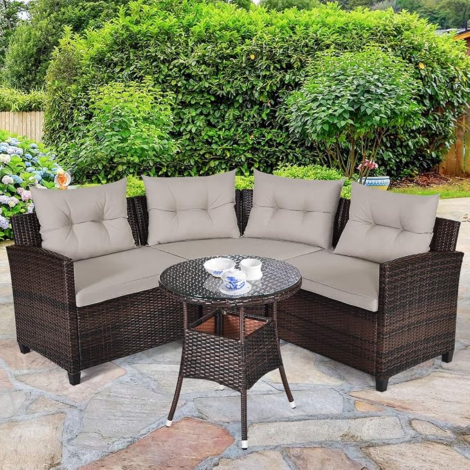 COSTWAY 4-Piece Patio Furniture Set, Wicker Rattan Sofa with Cushions and Coffee Table, Outdoor Sectional Conversation Sofa Set for Poolside Backyard Lawn Backyard (Grey)