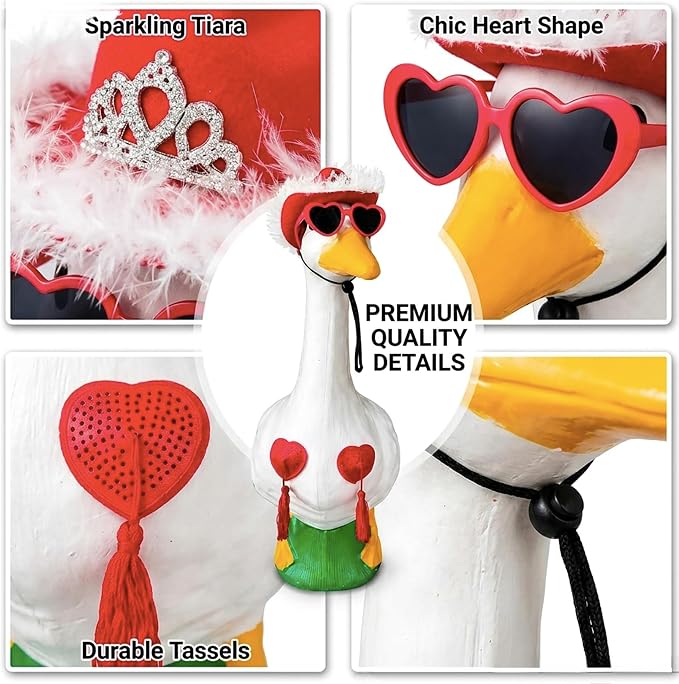 Funny Porch Goose Summer Decor Set Hat, Sunglasses & Tassel Skirt for 17'' & 24'' Lawn Geese Outdoor Yard Decoration (Heart Fringe)