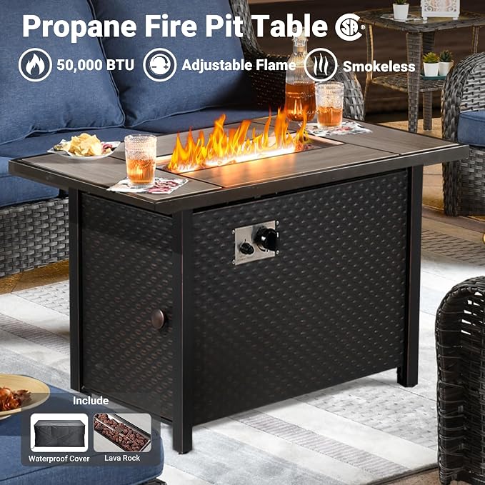 ovios 6-Pieces Patio Furniture Set with 42" Fire Pit Table, Outdoor Wicker Sofa Couch Ottomans Comfy Cushions, High Back Modern Conversation Set, Grey Rattan, Denim Blue