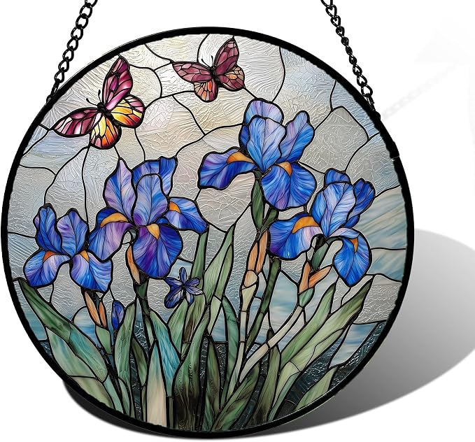 DASTOLL Stained Glass Window Hanging, Blue Iris Flowers Butterfly Suncatcher Diamond Colorful Glass Panel Sun Catchers Decor for Birthday for Women, Men, Wife, Aunt, and Mom 15x15 in