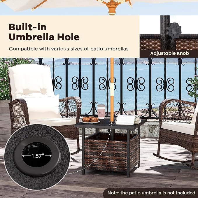 HAPPYGRILL Wicker Patio Umbrella Table with 1.57” Umbrella Hole, Outdoor Rattan Side Table with Heavy Duty Metal Frame, 22” Square PE Rattan End Table for Deck Backyard Poolside (Mix Brown)