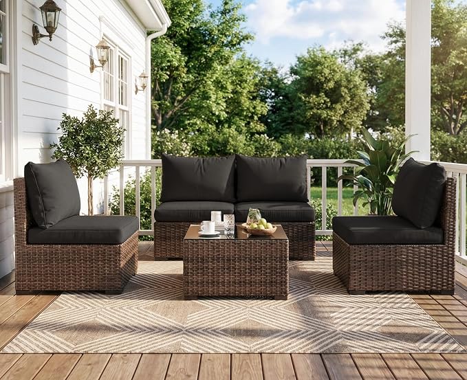 5 Pieces Patio Furniture Set with Glass Table, Outdoor PE Rattan Sectional Sofa with Soft Cushions for Backyard, Porch, and Poolside (Black, 5 PCS w/Table)