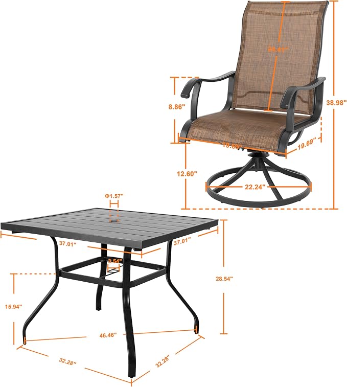 NUU GARDEN Outdoor Dining Set 5-Piece Patio Set with Weather-Resistant Table and 4 Textilene Swivel Chairs for Yard, Deck and Poolside, Brown and Black