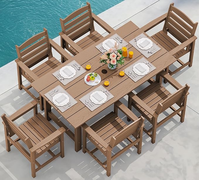 SERWALL 7 Pcs HDPE Dining Set, 1 Umbrella Hole Table & 6 Chairs, Brown | HDPE Outdoor Dining Furniture with Rectangular Table & 6 Chairs, All-Weather Resistant SERWALL Dining Set for 6