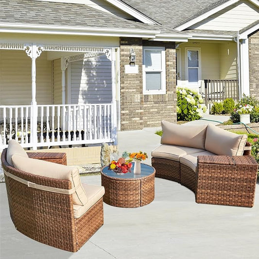 ECOTOUGE Outdoor Patio Furniture Set, 7-Piece Half-Moon All-Weather Wicker Curved Outdoor Sofa, Rattan Conversation Set with Storage Table, Fit for Pool, Backyard, Balcony, Garden(Brown&Beige)