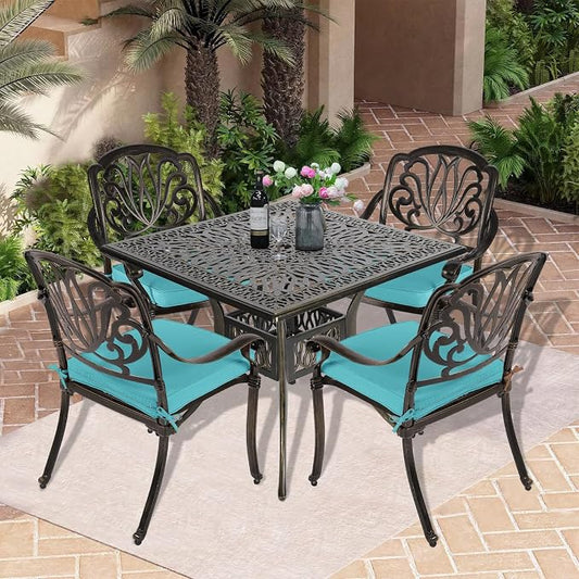 5-Piece Outdoor Patio Dining Set, All-Weather Cast Aluminum Patio Table Set, Include 4 Cushioned Chairs and a 35.4 inch Square Table w/Umbrella Hole for Balcony Garden Backyard, Ocean Blue