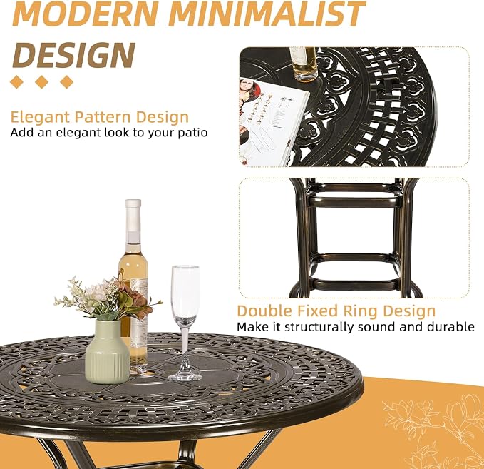 Cast Aluminum Patio Bar Table, 38.5" Outdoor Bar Height Bistro Table with 2" Umbrella Hole, Patio Bistro Round High Top Dining Table Pub Table for Porch Balcony Backyard, Dark Bronze
