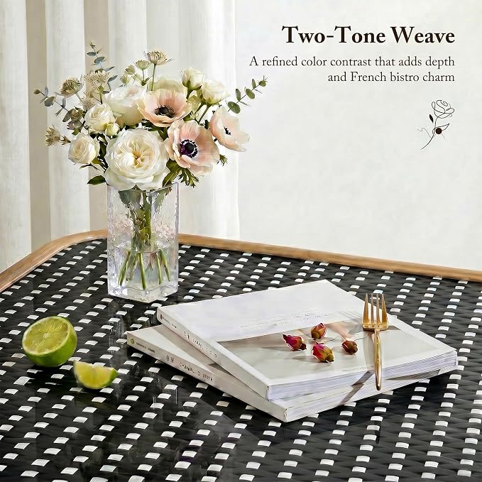 PURPLE LEAF 5-Piece French Bistro Dining Set Rectangle Outdoor Patio Table and 4 Armless Chairs Tempered Glass Top PE Rattan Bamboo Print Finish Aluminum Frame Black