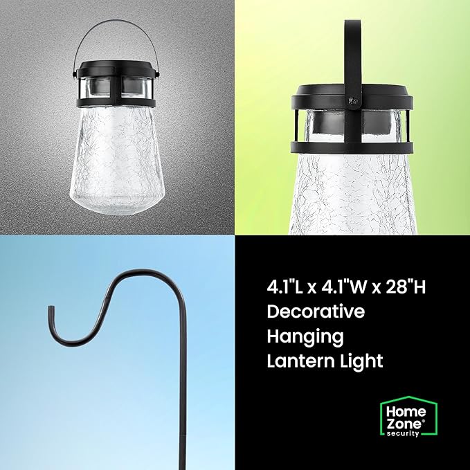 Home Zone Living 2PK Solar Crackle Glass Lanterns Hanging Light | Outdoor Waterproof 10 Lumens 3000K Decorative Large Garden LED Lights, Wiring for Patio Backyard Garden, Yard, Pathway
