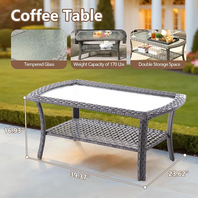 6 PCS Outdoor Patio Furniture Set with Glass Table, All-Weather Rattan Wicker Outdoor Conversation Set with Thickened Cushions for Balcony Backyard Garden Lawn,Dark Grey