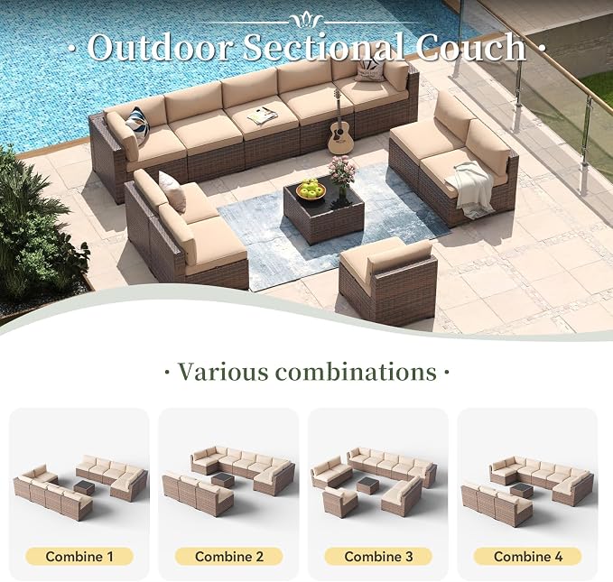 Aoxun 11 Piece Patio Furniture Set Wicker Rattan Patio Conversation Set Outdoor Sectional Sofa Set with Coffee Table and Thickened Cushions, Beige