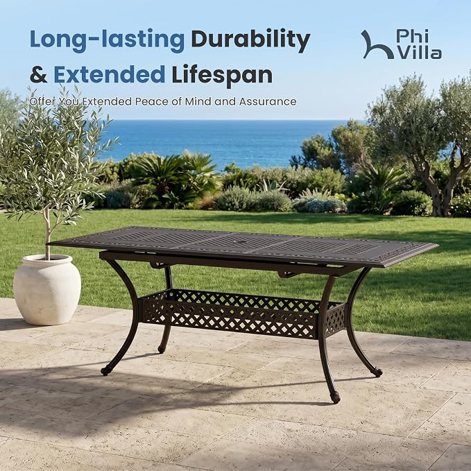 PHI VILLA 80" Outdoor Cast Aluminum Expandable Table for 6-8, Brown Rectangular Patio Dining Table with Umbrella Hole, All Weather Retro Furniture for Deck, Porch, Backyard