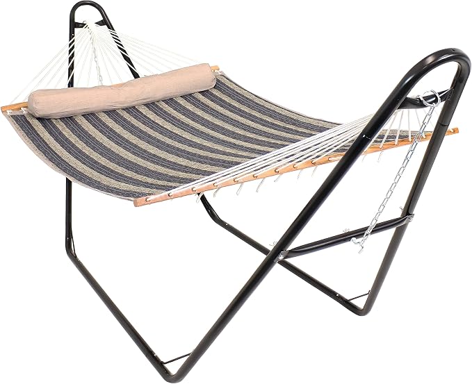 Sunnydaze Quilted Double Hammock with Stand for Outside - 440 lb Capacity Universal Black Steel Stand - UV Resistant, Quick Dry Fabric - Pillow, Chains, and Hardware Included - Mountainside