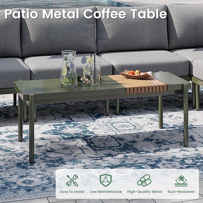 Sundale Outdoor Modern Metal Outdoor Coffee Table with Slatted Wood-Look Tabletop Design, Weather-Resistant Patio Side Table for Garden, Balcony, Poolside(Green)