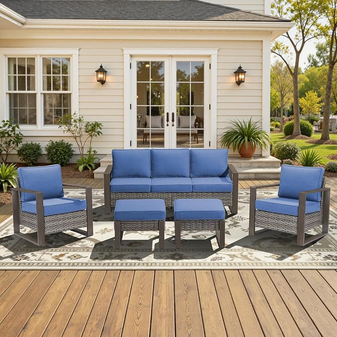 5-Piece Outdoor Patio Furniture Set with Rattan Chairs, All-Weather Wicker Sofa Set for Garden, Yard, Porch and Poolside Seating, Grey/Blue
