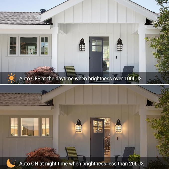 Black Dusk to Dawn Outdoor Lights for House with Gold Rim, Sensor Exterior Lighting Fixtures Wall Mount, Waterproof Porch Lights, Wall Lantern Lamp, Outside Sconce for Front Door, Garage 2 Pack