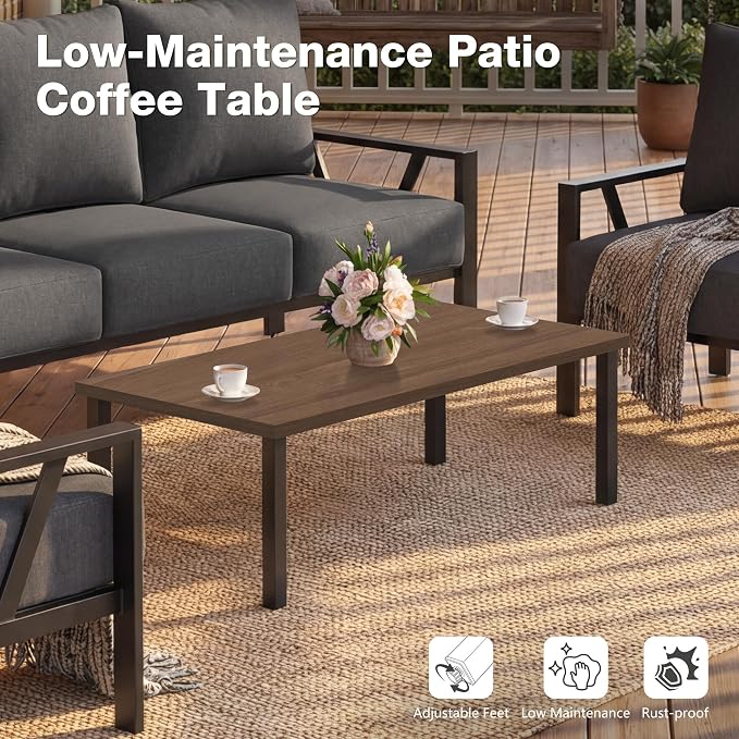 Outdoor Patio Furniture Set, 4 Pieces Metal Patio Furniture Set with Coffee Table, Modern Outdoor Patio Conversation Seating Set with 6” Thick Cushions, Dark Grey