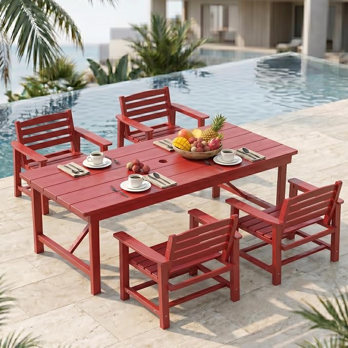 5-Piece Outdoor Dining Set for 4,Red | HDPE table, chairs included, umbrella hole design, weather-resistant furniture, perfect for balcony, deck, backyard