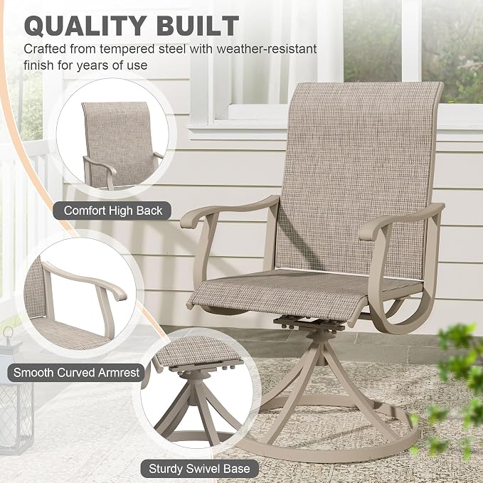 VICLLAX 9 Pieces Outdoor Patio Dining Set, 60" Round Wrought Iron Metal Outdoor Table with Umbrella Hole and 8 Swivel Textilene Chairs for Lawn,Garden,Porch,Sandshell