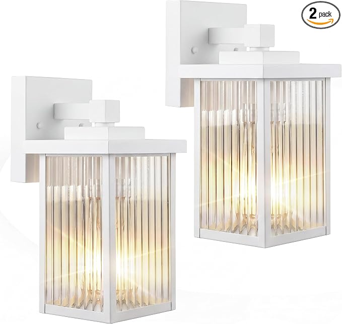 2 Pack White Porch Light, Rust-Resistant Outdoor Wall Light | Corrosion-Resistant Metal, Textured Glass Cuts Glare, Easy DIY Install on Porch, Garage