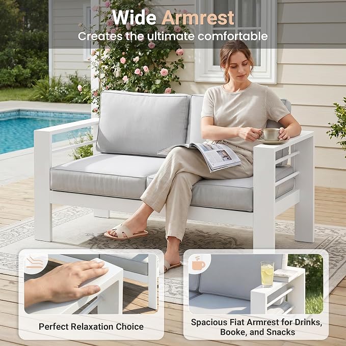 Solaste Outdoor Loveseat Aluminum Patio Furniture Sofa, All-Weather Metal Outdoor Couch with Cushions,Light Grey
