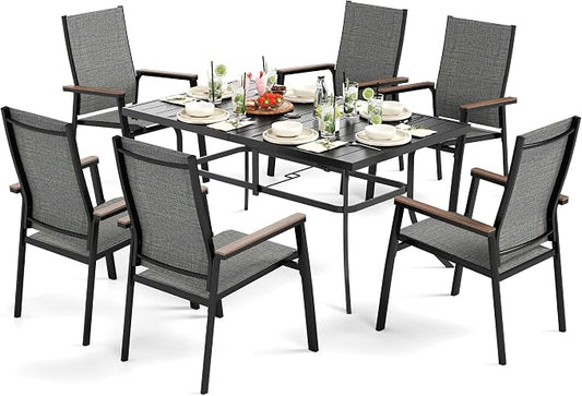 Sophia & William Outdoor Dining Set 7 Pieces, 6 x Aluminum Stackable Chair for Space-Saving and 59" x 35" Patio Dining Table, Easy to Move for Outdoor Garden Lawn (Grey)