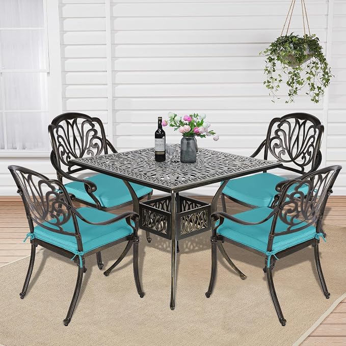 5-Piece Outdoor Patio Dining Set, All-Weather Cast Aluminum Patio Table Set, Include 4 Cushioned Chairs and a 35.4 inch Square Table w/Umbrella Hole for Balcony Garden Backyard, Ocean Blue