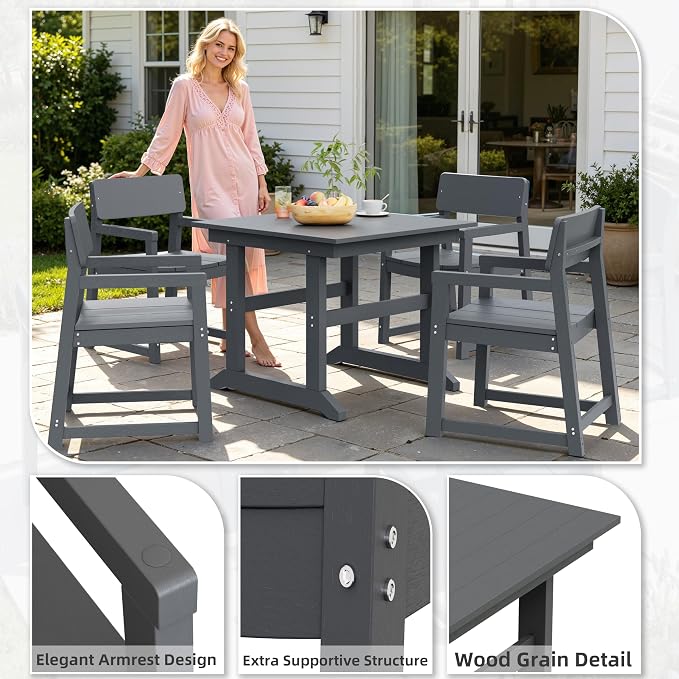 Shintenchi 5 Pieces Outdoor Dining Set,HDPE Outdoor Table and Chairs Set for 4,All Weather Patio Furniture Sets,Modern Wooden Textured Dining Sets for Backyard,Garden,Dark Grey
