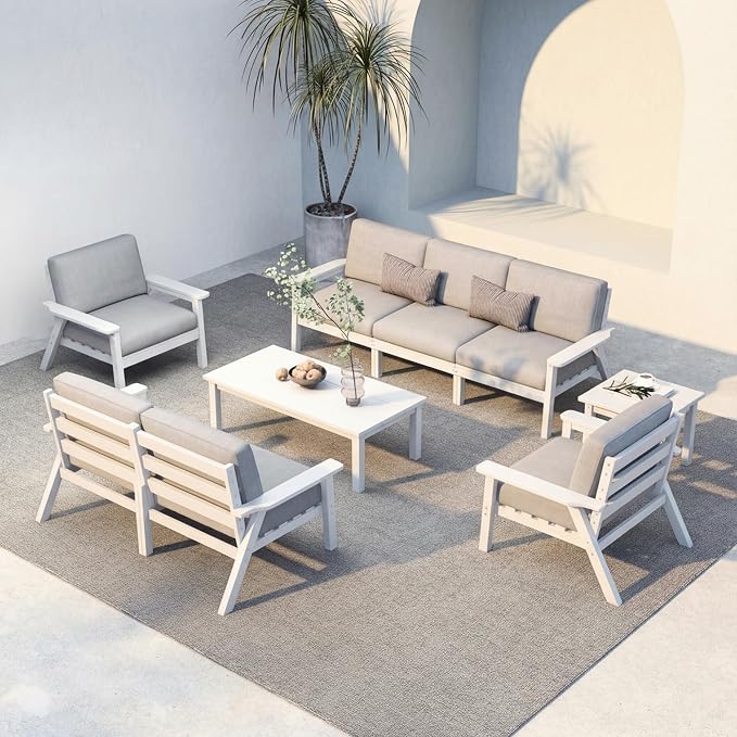 HDPE 7 Piece Patio Furniture Set, HDPE Outdoor Sectional with with Gray Thick Cushions, Coffee Table and Side Table, Patio Conversation Sets for Lawn, Garden, Porch (White Frame)