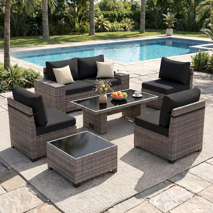JOIVI 7 Piece Outdoor Patio Furniture Set with Adjustable Height Dining Table, Rattan Outdoor Sectional Sofa Conversation Set, PE Wicker L-Shaped Patio Furniture for Garden, Backyard, Deck, Black