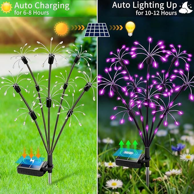 Solar Garden Lights Outdoor, 4 Pack 2-Layer Purple Solar Firework Lights | ﻿Purple Halloween Decoration, Waterproof Starburst Fairy Light Garden Decor for Christmas Yard Patio Pathway Lawn