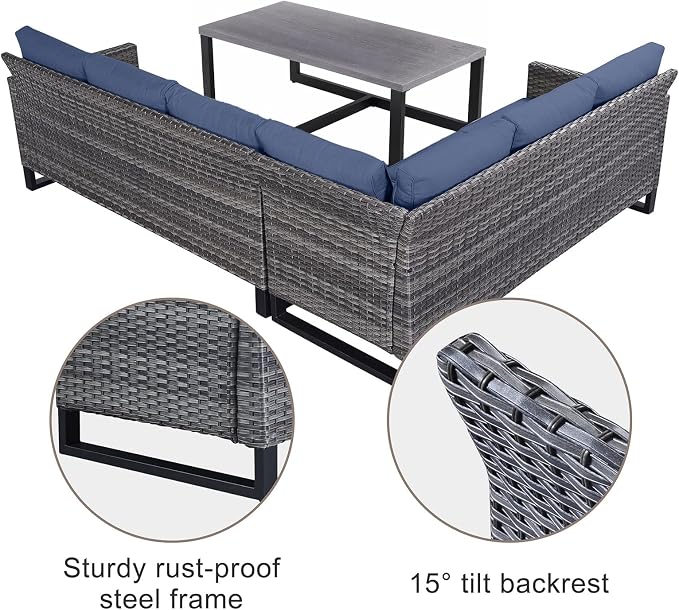 Belord Outdoor Sectional Sofa 6 Seater L Shaped Couch Wicker Patio Conversation Furniture Set with Tree-Grain Finish Metal Dining Table, Rattan Outdoor Furniture with Removable Washable Cushion Blue