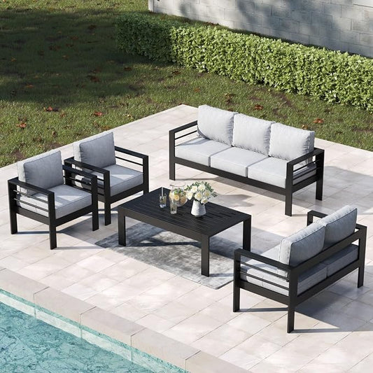5 Pieces Aluminum Outdoor Patio Furniture Set with Coffee Table, Modern Metal Conversation Sofa Set with Deep Seating for Porch