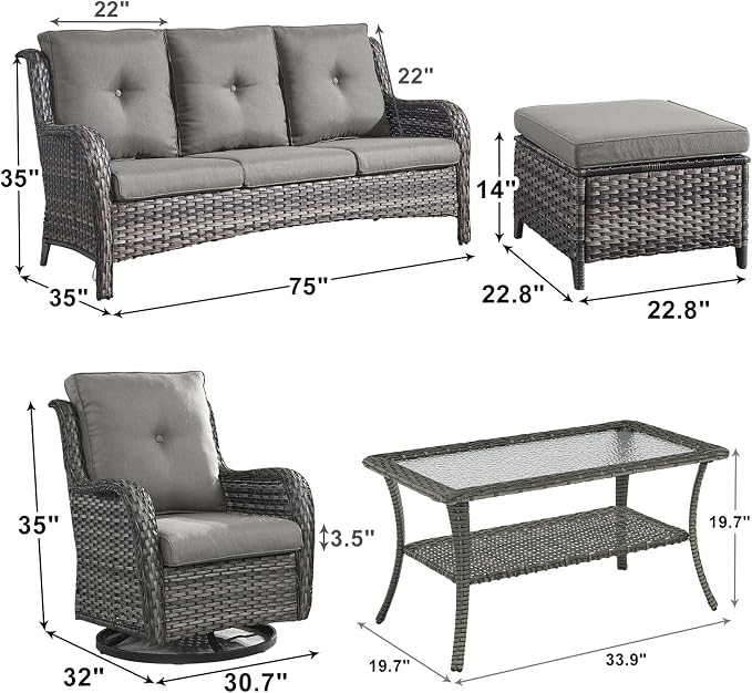 Outdoor Wicker Patio Furniture Set - 6 Piece Rattan Patio Conversation Set with 2 Rocking Swivel Chairs,2 Ottomans,1 Sofa and 1 Coffee Table for Porch Deck Backyard Garden(Mixed Grey/Grey)