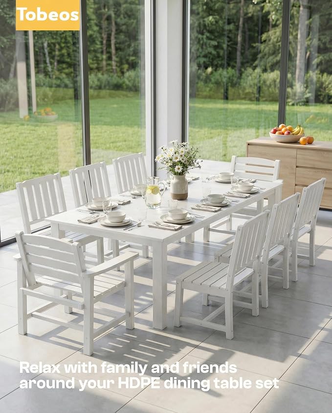 9-Piece Outdoor Dining Set with 15FT Umbrella for 8,White | HDPE table, chairs included, aluminum frame, weather-resistant furniture, perfect for yard, lawn, garden, deck