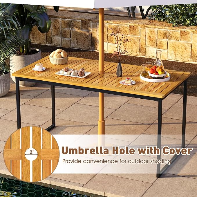 HAPPYGRILL Acacia Wood Patio Dining Table for 6 People, 55 inch Rectangle Patio Table with Slatted Tabletop, Metal Frame & Umbrella Hole, Outdoor Dining Furniture for Yard, Garden, Poolside