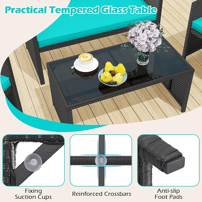 RELAX4LIFE 4-Piece Patio Furniture Set - Wicker Rattan Outdoor Sectional Sofa Set w/Glass Coffee Table, Loveseat, 2 Chairs & Soft Cushions, Bistro Conversation for Garden Porch (1, Black-Turquoise)