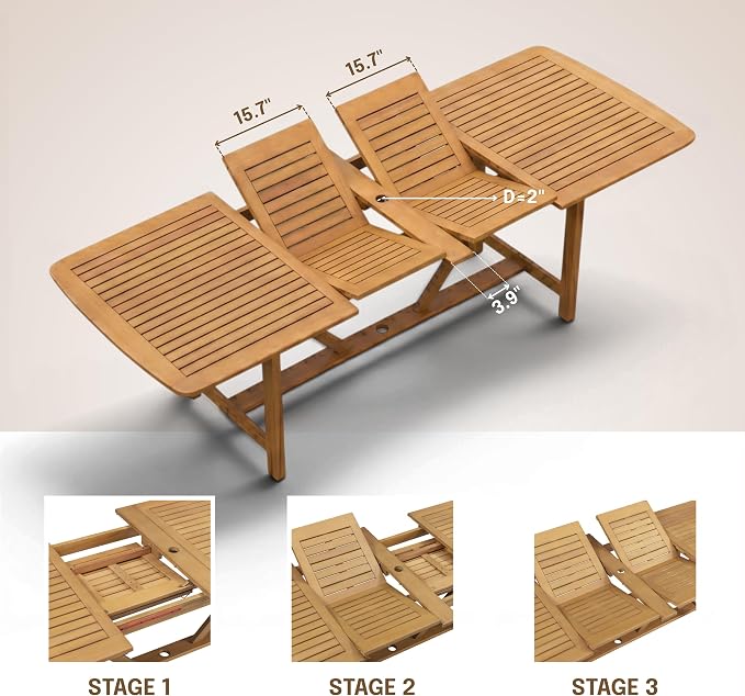 NTC Flexa Extendable Outdoor Dining Table, 63"–94.5" Solid Wood Patio Table for Patio Dining Sets with 6 Luno Chairs Weather Resistant, Easy Assembly, Natural