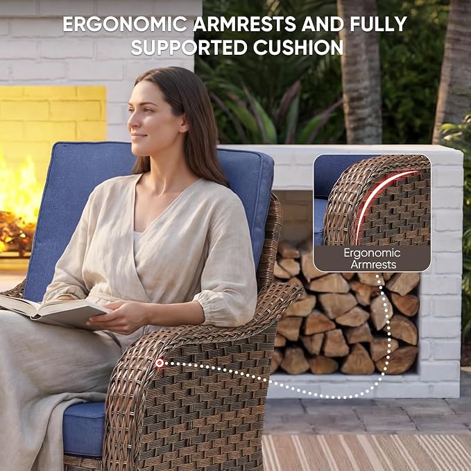 Patio Wicker Swivel Chairs -3 Piece Outdoor Swivel Rocking Chairs with Rattan Side Table, Ergonomic Design for Porch, Deck, Balcony, Garden, and Backyard(Blue)