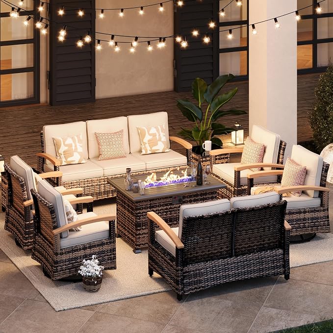 MEISSALIVVE 9 Pieces Patio Furniture Sets with Fire Pit Table, Wicker Outdoor Conversation Sets with 2 Swivel Rocker Chairs, 3-seat Sofa and Side Table(Beige)
