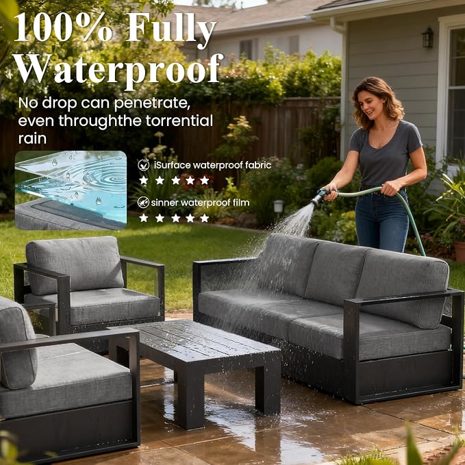 LayinSun Oversized Aluminum Outdoor Furniture Set, 5 Piece Patio Sofa Sets with Coffee Table, Deep Seating and Upgraded 6-inch Cushions for Porch, Balcony, Deck