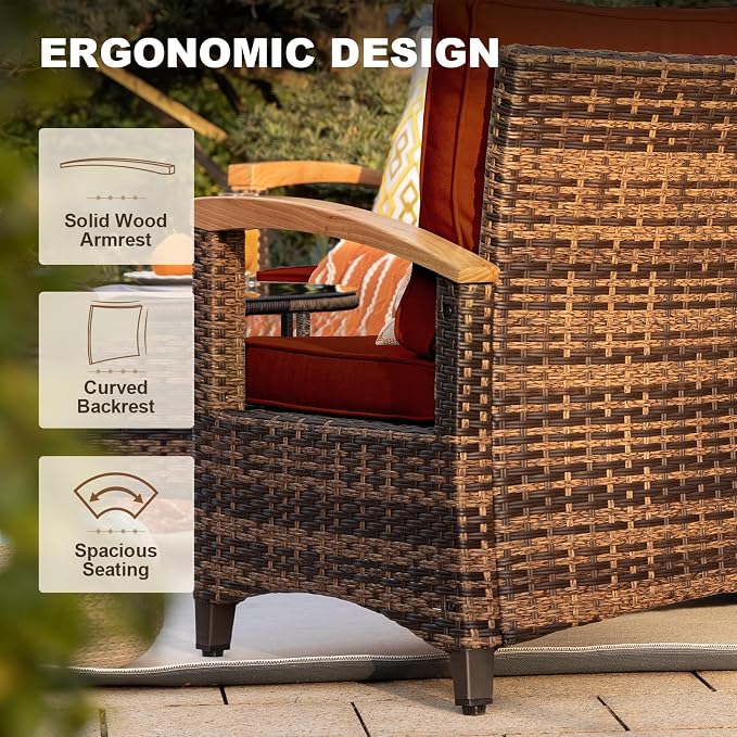 MEISSALIVVE 9-Piece Half-Moon Curved Outdoor Patio Furniture Set, Sectional Conversation Sofa with 2 Swivel Glider Chairs, Coffee & Side Tables for Backyard Deck Garden, Red