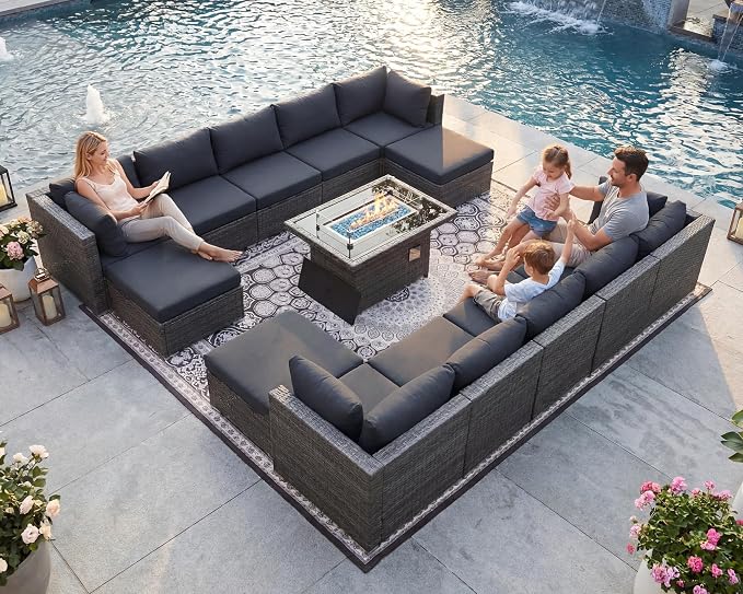 NICESOUL 13 Piece Patio Furniture w/Fireplace, Elegant Outdoor Seating w/Firepit, XL Size 29.3'' High Back Sectional Sofa, All-Weather Rattan Deck Couch, Modular Sturdy Conversation Set, Dark Gray