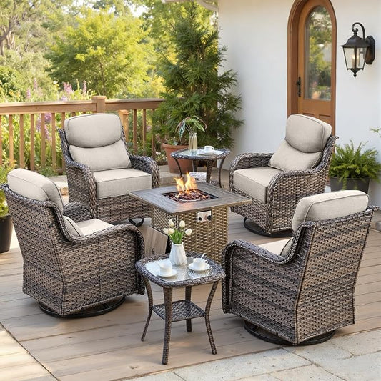 Belord Luxury 6" Thick Cushioned Outdoor Swivel Rocker Chairs Set of 4 with Fire Pit Table, High Back Wicker Patio Furniture Set with Ergonomic Zone Back, Conversation Set for Deck Porch - Grey+Beige