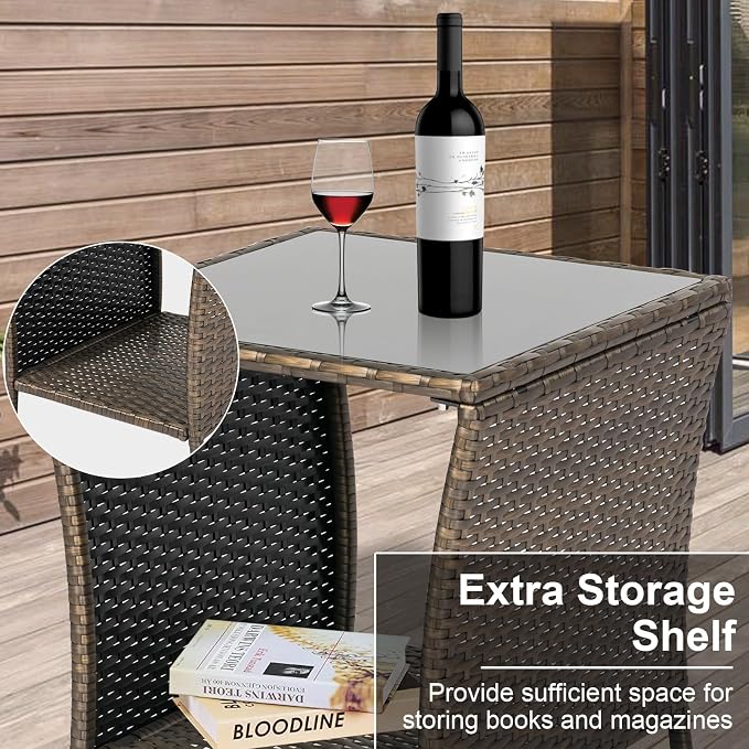 Kinfant Outdoor Wicker Side Table - Patio Square End Table with Steel Frame, Garden Coffee Table with Tempered Glass Top & Extra Storage Shelf for Pool, Lawn, Backyard, Dark Brown, RTET506-F