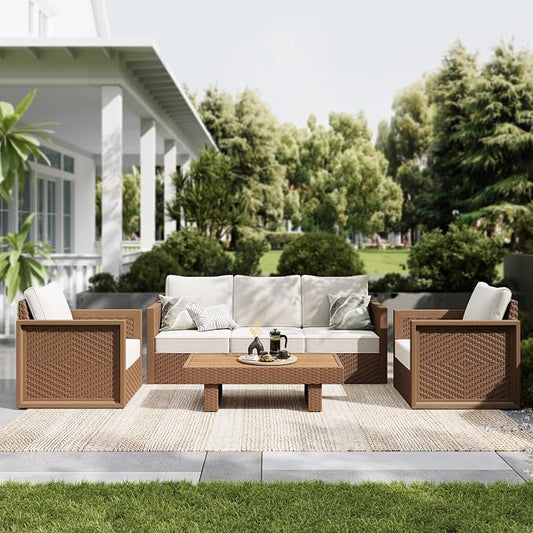 Sophia & William HDPE Patio Furniture Set，Modern Outdoor Sectional Sofa Set with 5.5" Cushions and 43.5" Wood Grain Coffee Table, Deep Seating Outdoor Conversation Set for Backyard(Beige, 5 Seats)