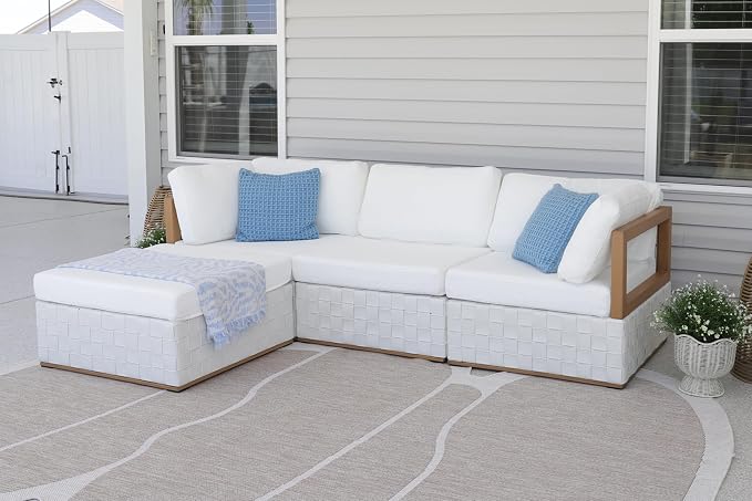 PURPLE LEAF Patio Outdoor Furniture Set 4 Pieces, Premium Leather Outdoor Couch Sectional Sofa, L-Shaped Patio Conversation Sets with Olefin Cushions, Patio Couch for Porch, Balcony, Garden, White